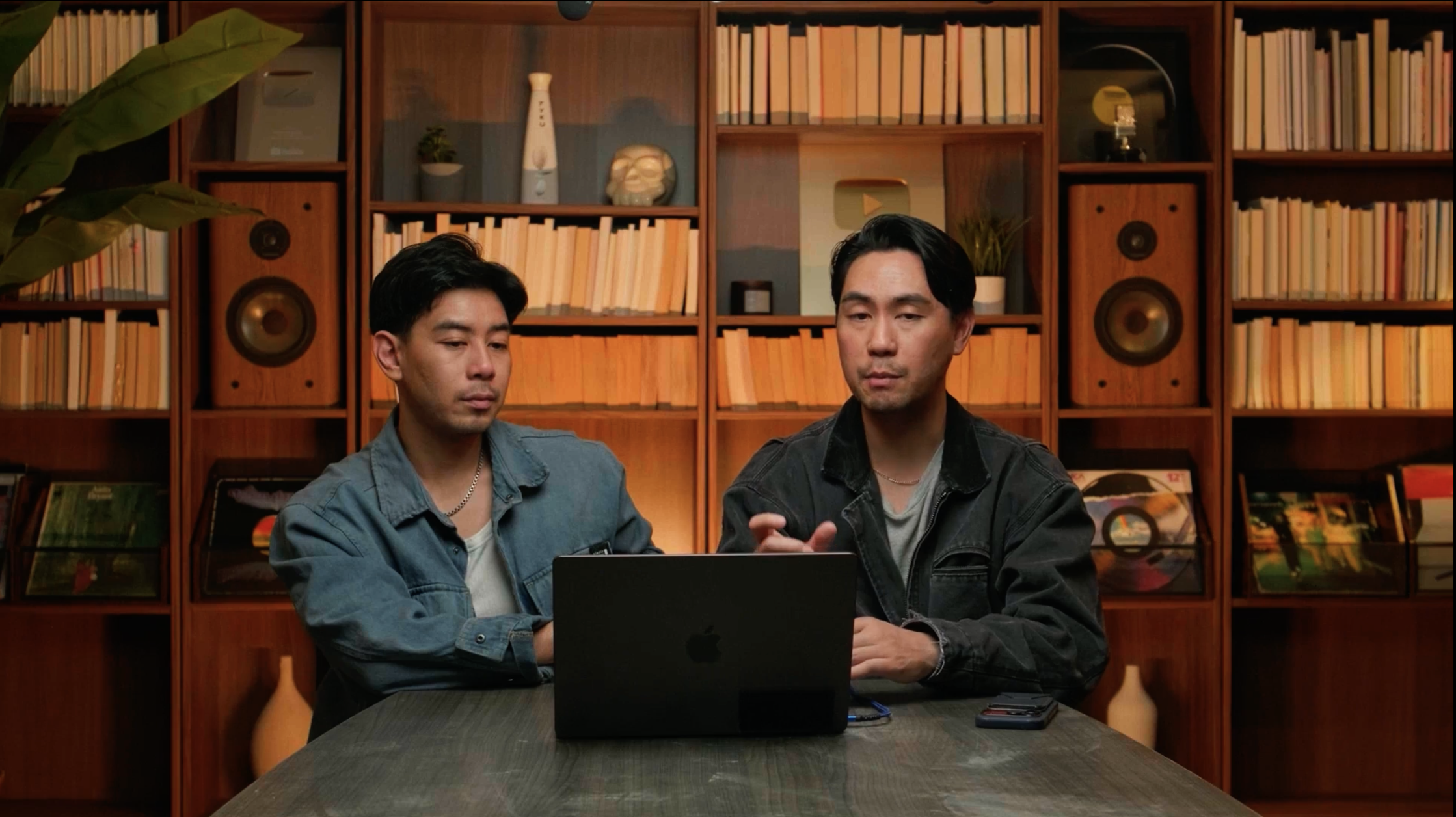 Clean two-shot, on-brand caption