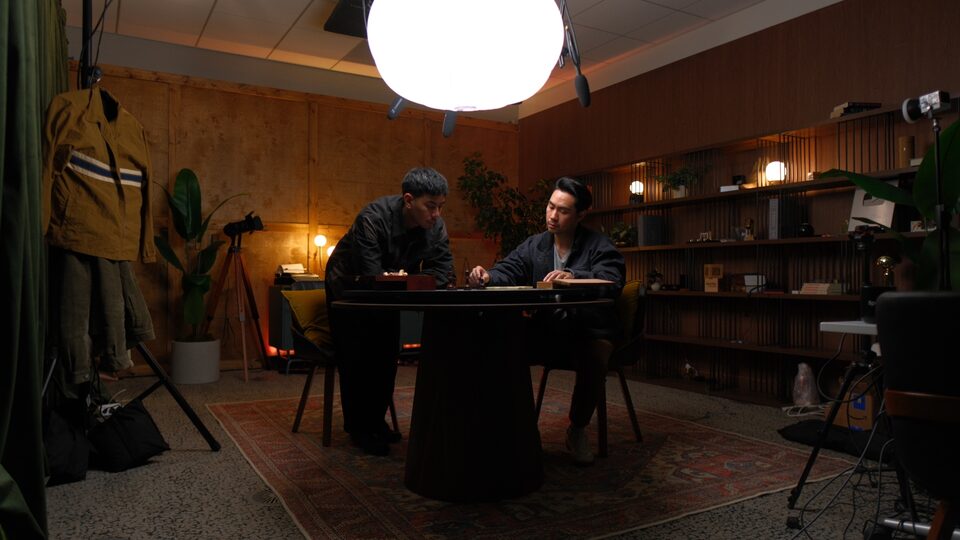 Mike and Matty in the studio — wide environmental shot