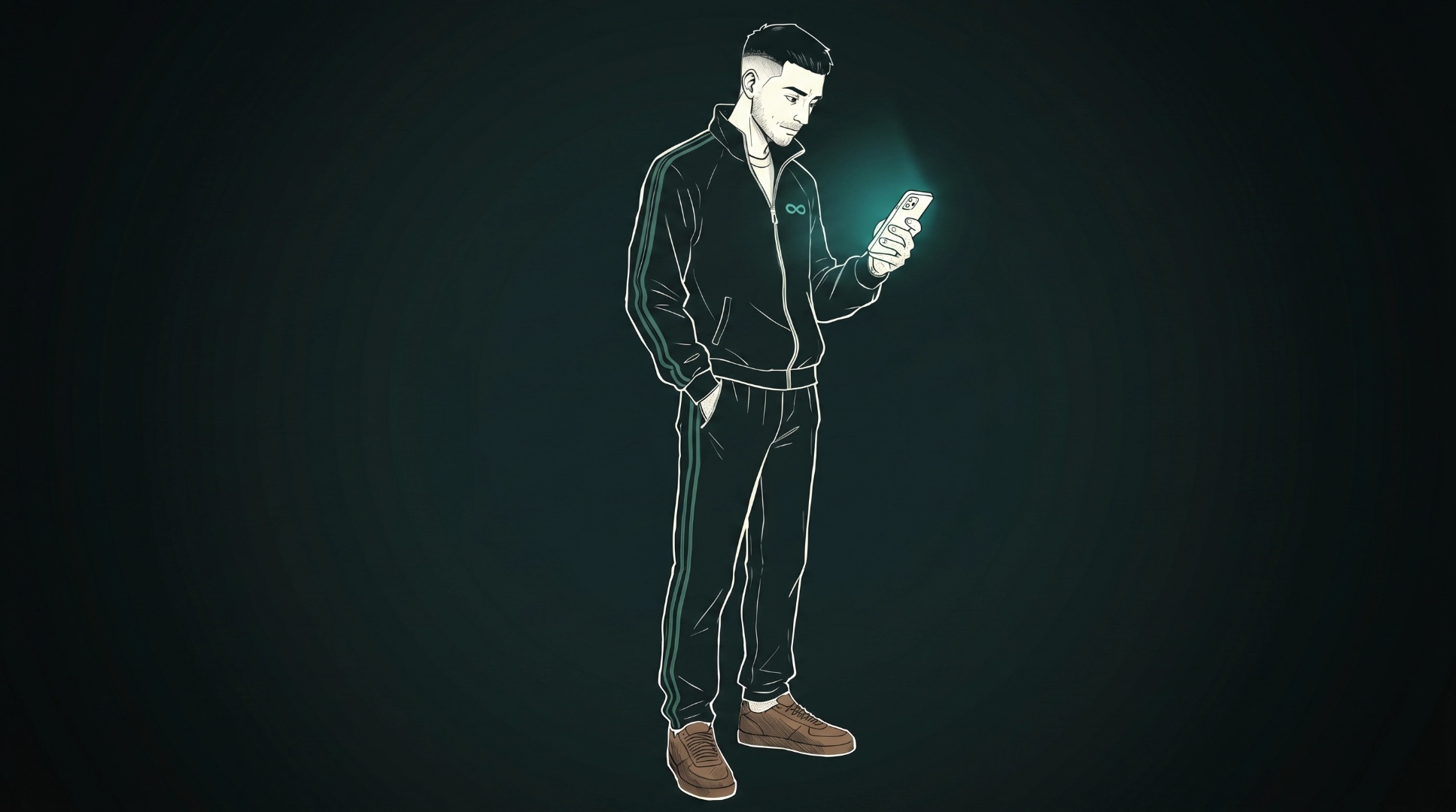 AI Band · dark room (M&M) — track suit, teal phone glow on Pepper