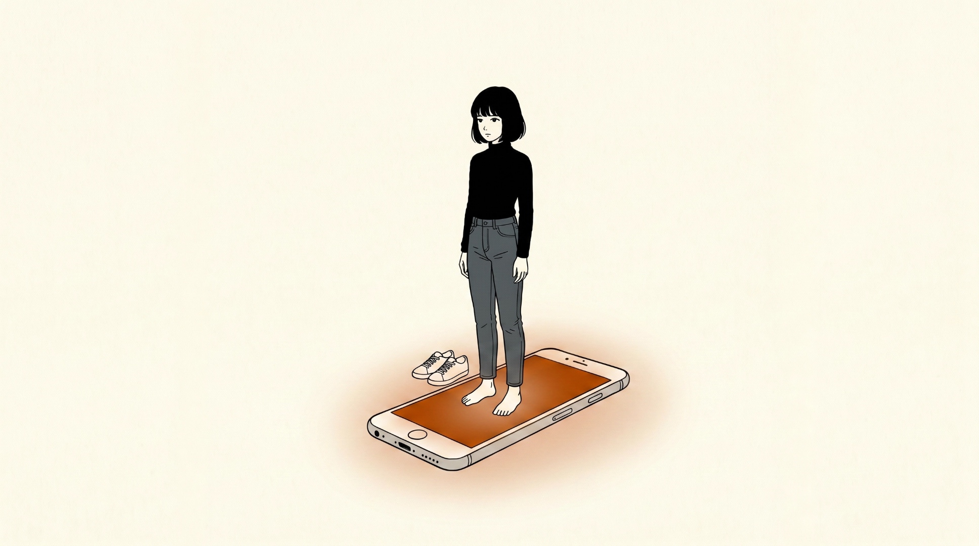 Drowning · light room (ICC) — figure on iPhone, Buttermilk canvas